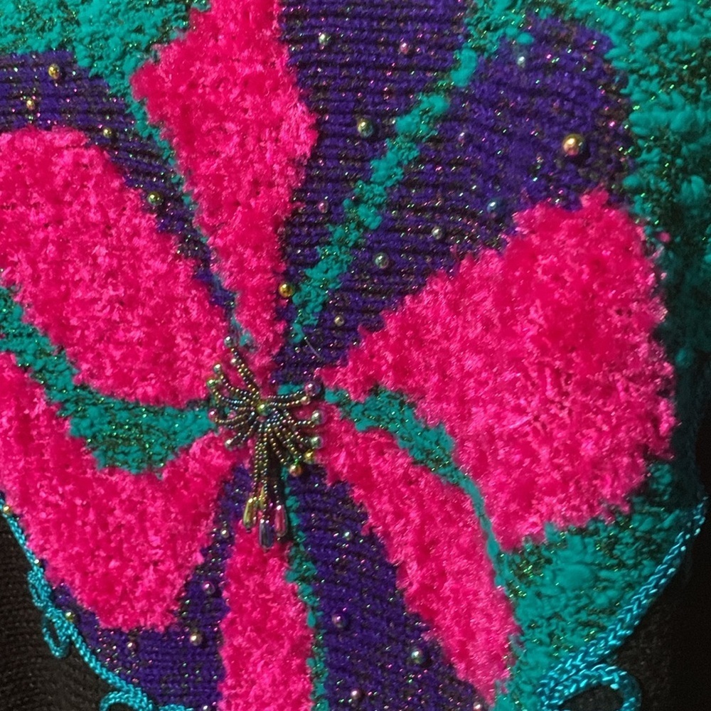Vintage 80s 90s  Colorful Floral Women's Sweater Beaded Details Small/Medium - Picture 12 of 17